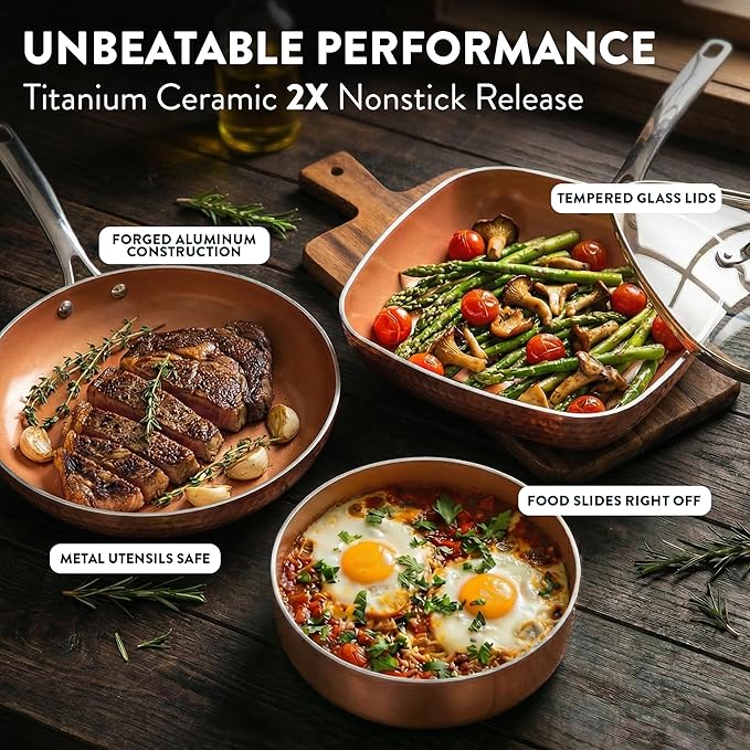Gotham Steel Hammered 24 Pc Ceramic Cookware Set Nonstick, True Ceramic Pots and Pans Set Non Stick with Deep Square Pan Set & Bakeware Set, Non Toxic PFOA PFOS Free, Oven & Dishwasher Safe