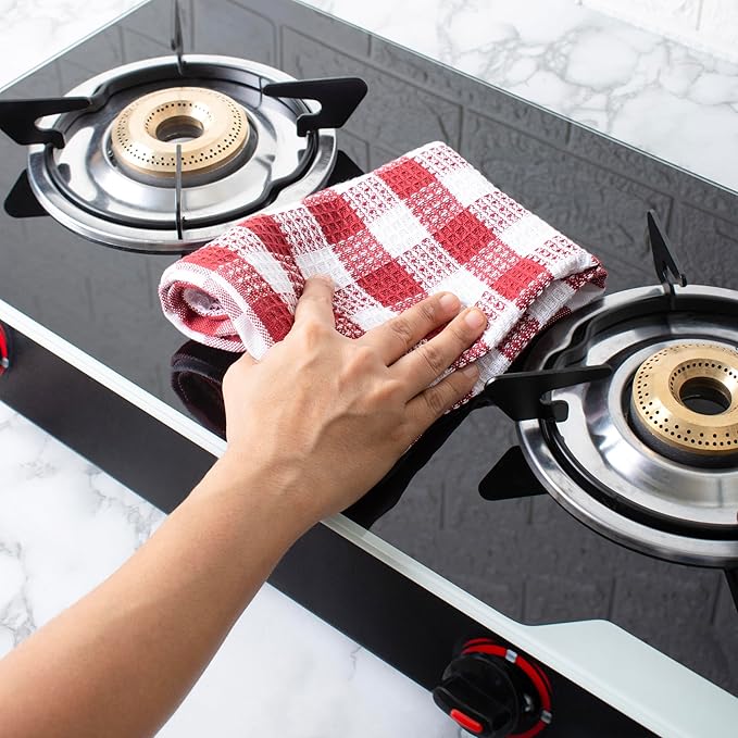 Blue Needles Waffle Weave Check Plaid Kitchen Towels, 15x25 Inches 100% Cotton Set of 6 Dish Towels for Kitchen, Soft & Absorbent for Quick Drying with Hanging Loop Spring Summer - Burgundy & White