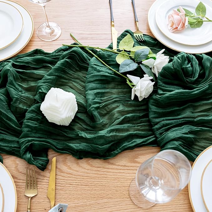 Wokceer Cheesecloth Table Runner Emerald Green 10FT Boho Gauze Christmas Cheese Cloth Table Runner for Party Long Rustic Sheer Table Runners for Baby Bridal Shower Wedding Easter Table Decor
