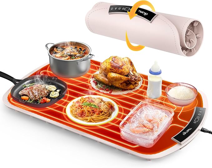 Warming Mat for Food, Electric Food Warming Mat with 8 Temp Level and 4H Timer, Silicone Chafing Dishes(24"x16"), Rollable & Portable Warming Trays for Buffets Party (Pink)