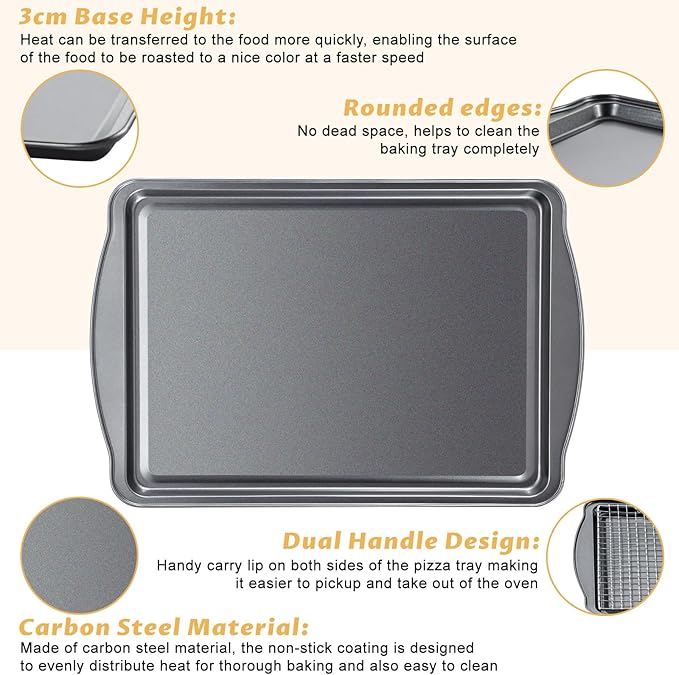 Gymdin Baking Sheet with Cooling Racks - Carbon Steel Cookie Sheets for Baking [2 Sheets + 2 Racks], Nonstick Baking Pans, Perfect for Baking, Roasting, and More, Size 17 x 11 x 0.5 Inches