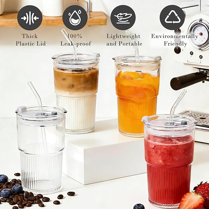 Ribbed 16 oz Glass Tumbler with Lids and Straws Ribbed Drinking Glasses Cup Leak Proof Iced Coffee Glass Set of 4 for Soda Smoothie Juice