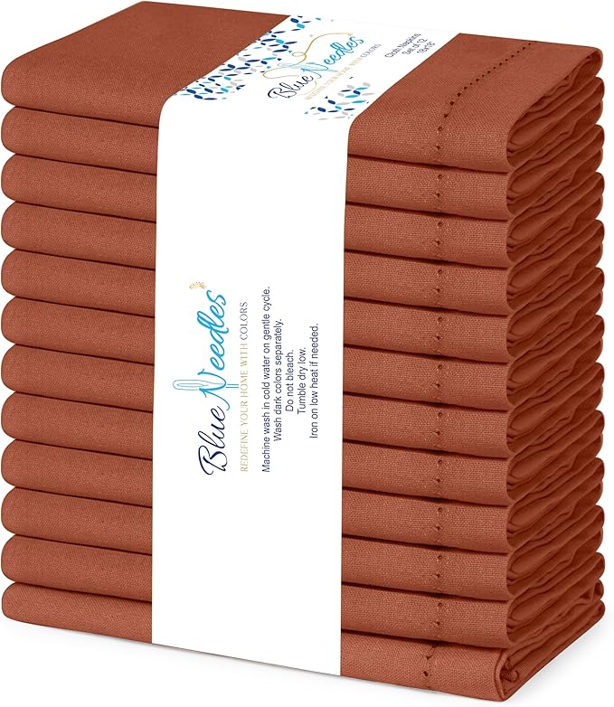 Blue Needles Set of 12 Hemstitch Linen Napkins 100% Cotton Rust Cloth Dinner Napkins 18x18 inches, Soft, Reusable, Absorbent, Washable, Ideal for Wedding Events, Parties & Everyday Use