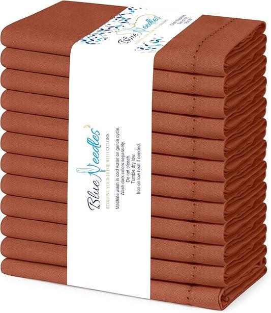 Blue Needles Set of 12 Hemstitch Linen Napkins 100% Cotton Rust Cloth Dinner Napkins 18x18 inches, Soft, Reusable, Absorbent, Washable, Ideal for Wedding Events, Parties & Everyday Use