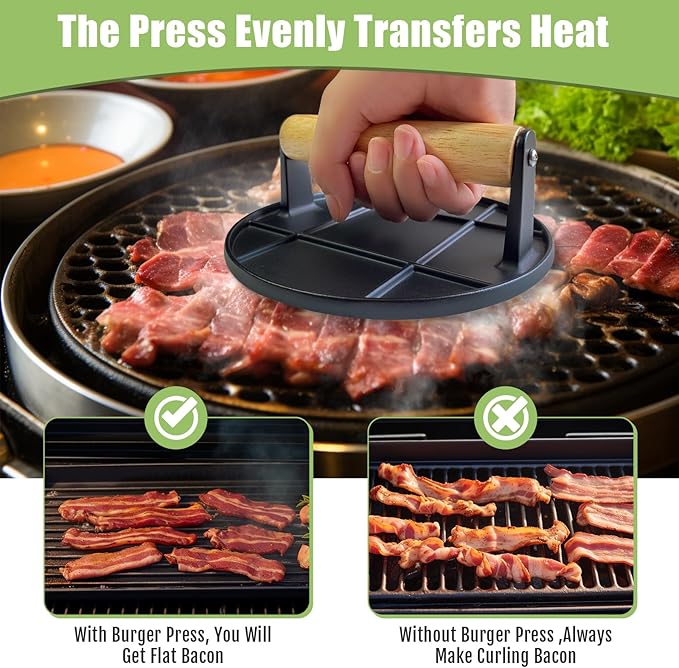 Burger Press,Smash Burger Press for Griddle with Wood Handle,Burger Smasher for Grill, Steak Bacon Smasher for Camping (Round)