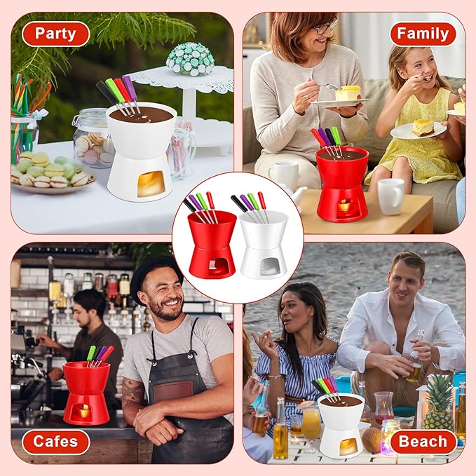 Nuogo 4 Pcs Fondue Pot Set Ceramic Mini Chocolate Fondue Mug Set Melting Bowl with 16 Pcs Mini Forks for Cheese, Chocolate, Tapas, Butter and Caramel, Valentine's Day(Red and White)