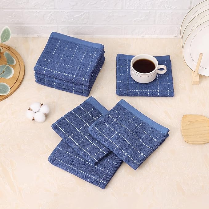 Mordimy 100% Cotton Terry Cloth Dish Cloths, Soft and Absorbent Checkered Dish Towels, Quick Drying Dish Rags for Washing Dishes, 12 Pack, 12 x 12 Inches, Navy