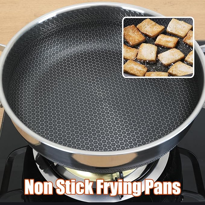 STEHEMO Hybrid Stainless Steel Saute Pan with Lid, Non Stick Frying Pans, Induction Large Skillet, Cooker Pan for Chefs, Dishwasher & Oven Safe,12.6IN