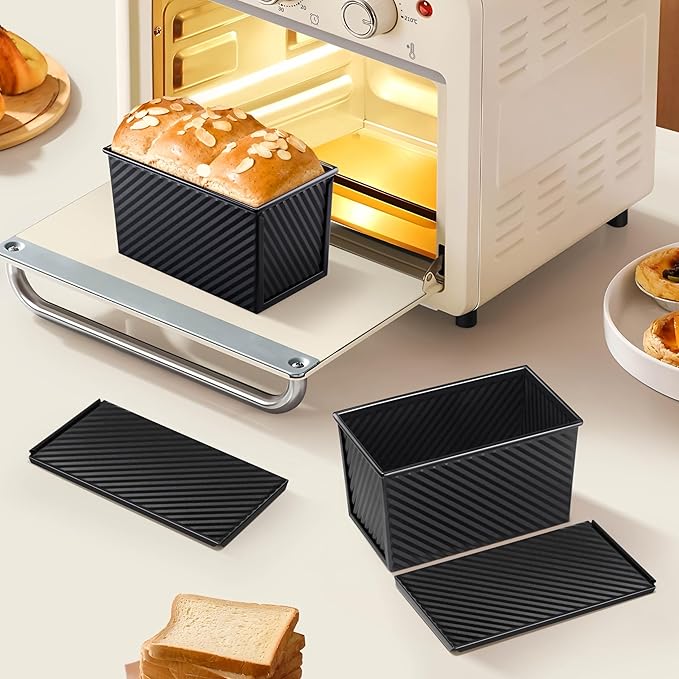 LIANYU Loaf Pan with Lid Set of 4, Pullman Loaf Baking Bread Pans, Nonstick Carbon Steel Homemade Toast Sandwich Box, 1 Pound Dough Small Metal Bakeware, Black