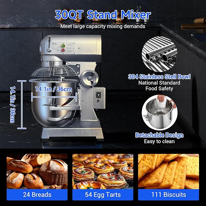 EKway 30Qt Commercial Food Mixer with Timing Function,1250W Commercial mixer 3-Speed Adjustable Heavy Duty, Electric Stand Food Mixer with Stainless Steel Bowl for Bakery Pizzeria. (Standard)