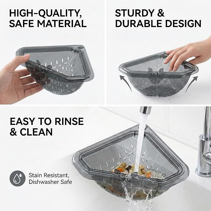 Triangular Draining Basket for Sink, Magnetic Corner Sink Strainer Basket, Touch-Free Food Catcher For Kitchen Sink (Gray)