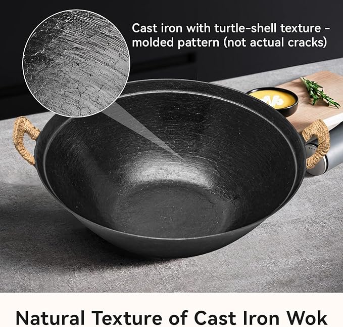 WANGYUANJI Cast Iron Wok Pan,13.4 inch Cooking Wok Stir Fry Pan with Dual Handle and Wooden Lid,Suitable for All Cooktops,Uncoated Chinese Traditional wok