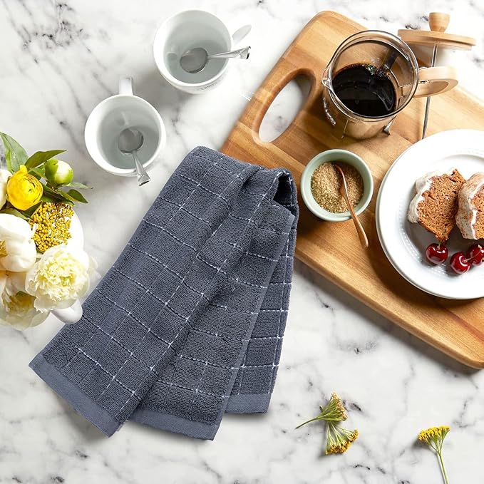 Mordimy 100% Cotton Terry Cloth Kitchen Towels, Super Soft and Absorbent Dish Towels for Drying, Checkered Designed Hand Towels for Kitchen, 16 x 26 Inches, 4 Pack, Grey