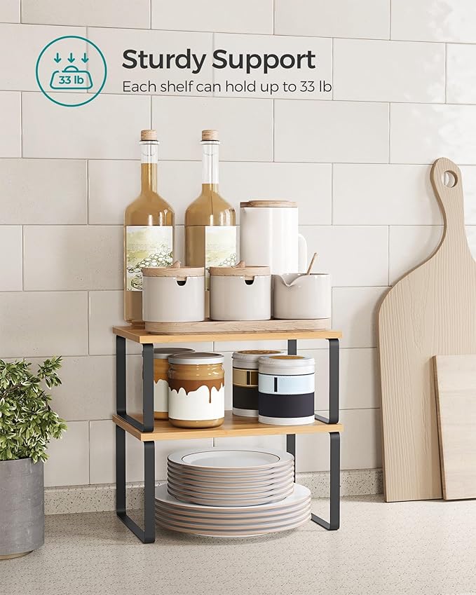 2 Pack Cabinet Organizers and Storage Shelf, Metal Kitchen Counter Shelves for Spice Rack & Pantry, Stackable Cupboard Organizer for Dishes, Plates, and Cans, Black