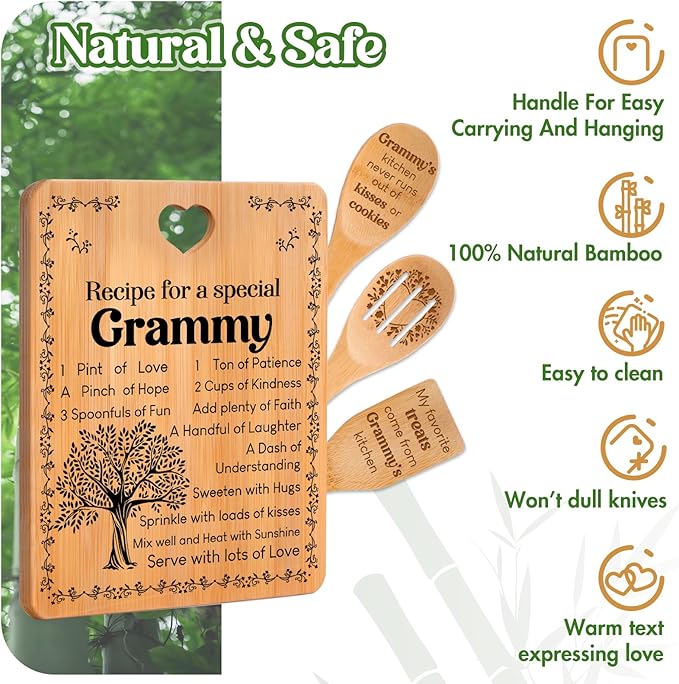 Grammy Gifts - "Recipe for a Special Grammy" Gifts for Grammy Cutting Board Set, Bamboo-Made Engraved Utensil Set Grammy Cutting Board, Grammy Idea Gifts.
