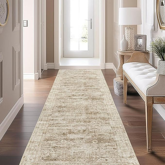 Kitchen Runner Rugs Non Skid Washable - 2.5 x 10 Runner Rug with Anti Slip Backing, Ultra-Thin Soft Rug Runner for Hallway, Bedroom, Living Room (2'x10', Brown/Ivory)