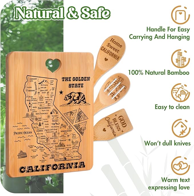 California State Cutting Board and Spoons Set, California Kitchen Decor with State Map Design, Charcuterie and Serving Board, Home Sweet California Theme Gifts for California Lovers.