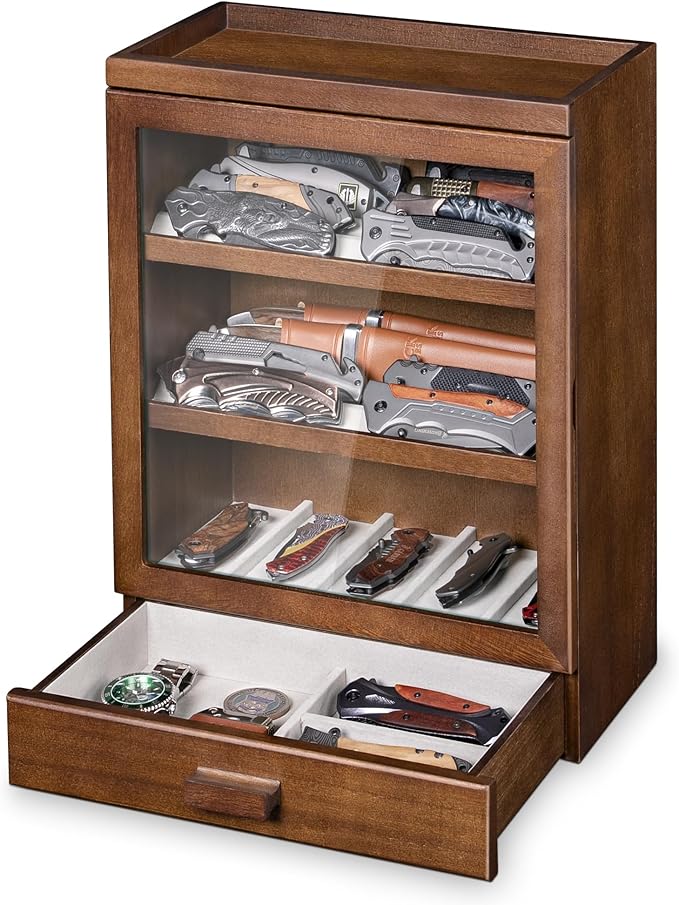 Singlispark Pocket Knife Display Case for 25 Knives, Large Wooden knife Cases for Collections, Vertical Knife Storage Case with Acrylic transparent panel for Men Gifts (Walnut)