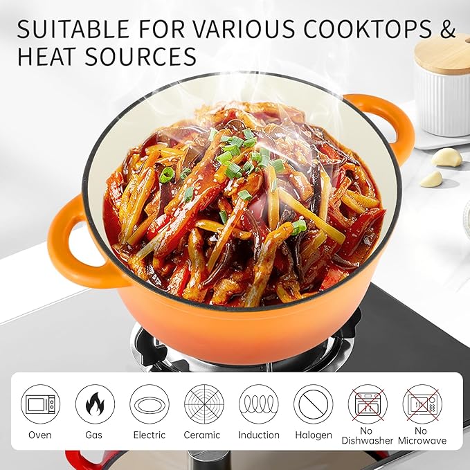 CookNexa 6 Quart Enameled Cast Iron Dutch Oven Pot with Lid, Oven Safe up to 500°F or on Stovetop, Non-stick Dutch Oven for Bread Baking, Cooking, Dual Handles Cookware, Orange