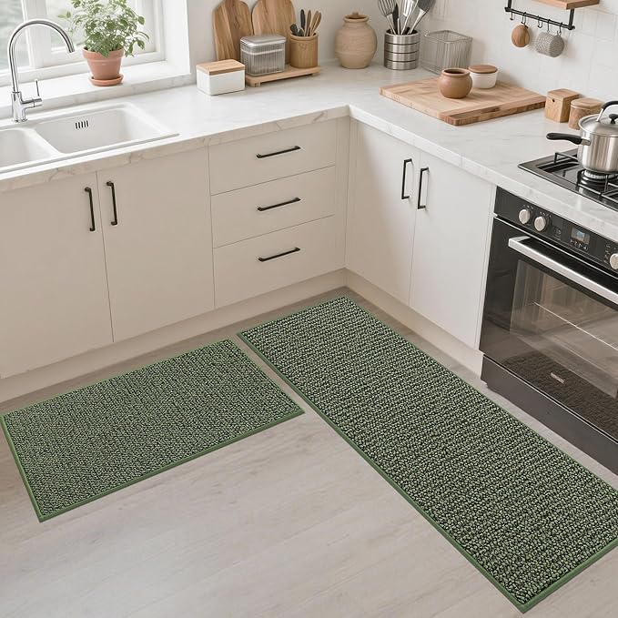 JSEI Kitchen Runner Rugs, 17''x48'' Non-Slip Kitchen Mats for Floor, Machine Washable Absorbent and Stain Resistant Kitchen Rug, Carpet Mats with TPR Backing for Kitchen, Green