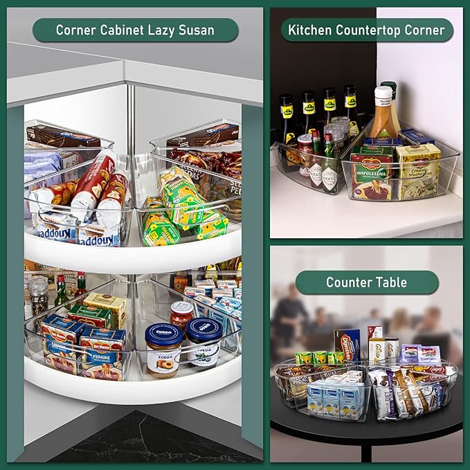 Lazy Susan Cabinet Organizer Bins for 26"/ 28"/ 32" Diameter Corner Organizer, Plastic Cabinet Storage Bin, 1/8 Wedge - Food Safe, BPA Free, with Non-Slip Pads (for 28" Diameter, 4 Pack)