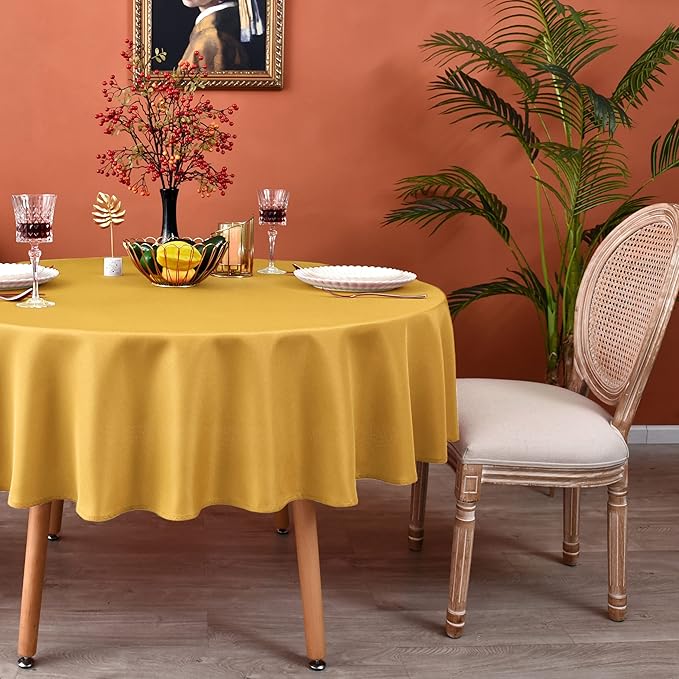 MEANMOY Gold 210 GSM Water & Stain Resistant Round Tablecloth for Circle Table - Solid 70 Inch Table Cloth Cover in Wrinkle Free Durable Washable Polyester Fabric for Wedding, Party, Banquet