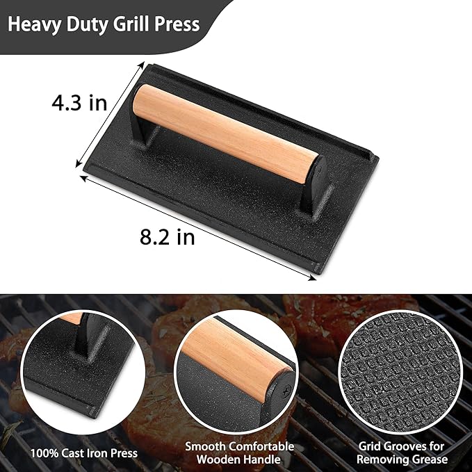 Smash Burger Press, Leonyo Cast Iron Burger Press, Heavy-Duty Hamburger Smasher Tool Griddle Accessories Kit for Cooking Bacon Steak Sandwich, Outdoor BBQ Grill - Rectangle (8.2"X4.3")