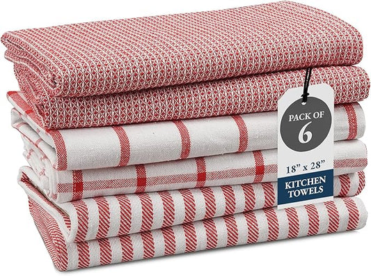 LANE LINEN 100% Cotton Kitchen Towels Set, 6-Pack – Premium, Absorbent, Quick-Drying Dish Towels, Tea Towels, 18" x 28" - Red