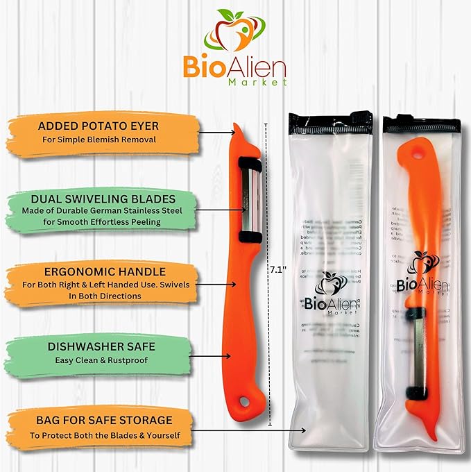 German Steel Double Blade Peeler, Effortless Precision, Ergonomic Handle, Bioalien Market Solingen Peeler DUO