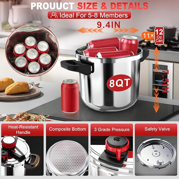 3-In-1 Stainless Steel Pressure Cooker 8 QT: [Save 70% Time] [3 PSI Settings], One-Hand Locking, Induction Compatible, Glass Lid & Steamer Rack Included, Olla de Presion