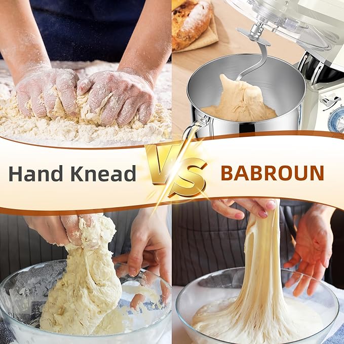 Babroun Dough Mixer 8.45 QT Electric Mixer - 660W 6 Speed Large Capacity Kitchen Stand Mixer with Whisk Dough Hook Mixing Beater Household Food Mixer for Baking Cakes Cookie Bread Salad
