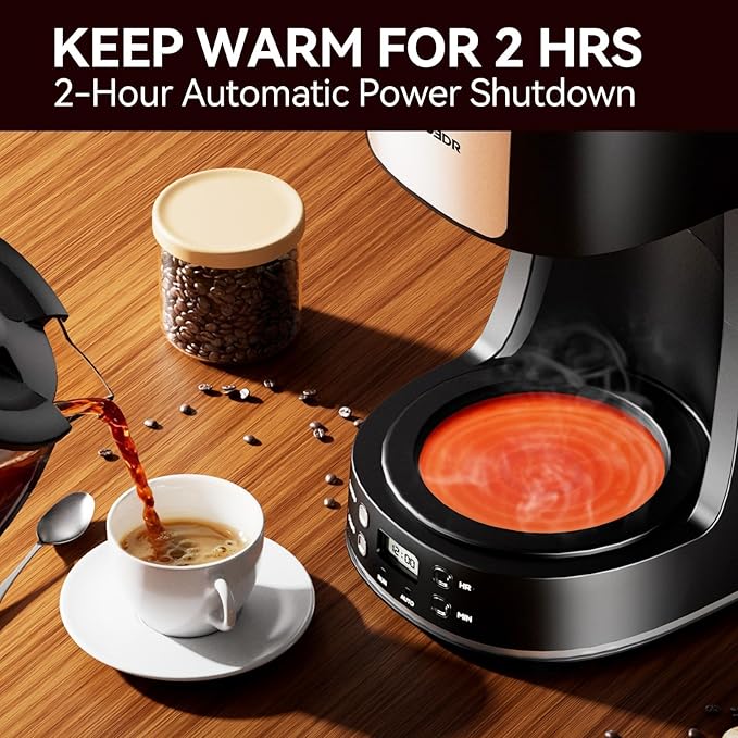 SECPOEDR 12-Cup Drip Coffee Maker with Reusable Filter,Programmable Clock,Auto Brew,Water Window,Keep Hot Plate,Glass Carafe,Compact Design for Kitchen,Office,Silver and Black,Stainless Steel