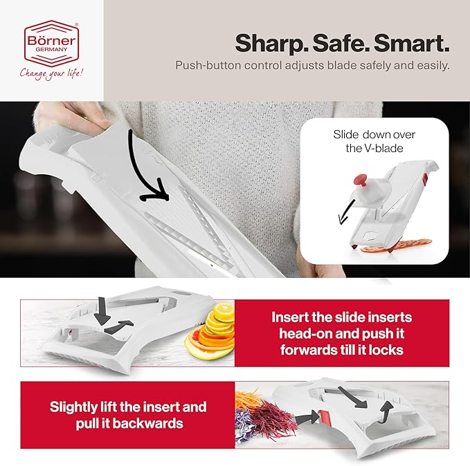 Swissmar Börner VPower V-Slicer Mandoline – Professional Kitchen Tool with Adjustable Thickness – Precision Food Slicer for Vegetables, Julienne, Shredding – Includes Safety Holder & Inserts - White