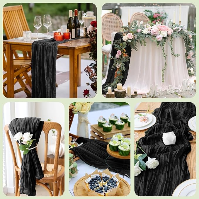 Wokceer Cheesecloth Table Runner 2Pack 10FT Black Christmas Boho Gauze Cheese Cloth Table Runner for Party Easter Rustic Sheer Table Runners for Baby Bridal Shower Wedding Table Decor