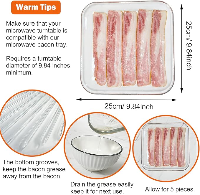 HoPliGhe Microwave Bacon Cooker, Square Glass Microwave Bacon Grill Tray 9.84inch,Cook Crispy Bacon in Minutes