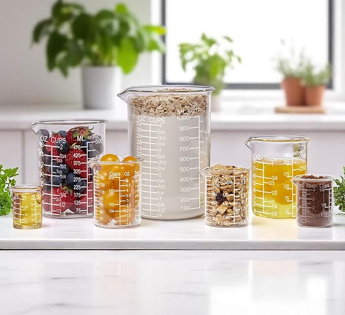 Ackers Etching Scale Glass Measuring Cup Set-V-Shaped Spout，Includes 60ml(2OZ), 120ml(4OZ), and 250ml(8OZ) Glass Measuring Beaker for Kitchen or Restaurant, Easy to Read