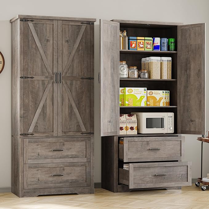 Pantry Organizers and Storage Cabinet, 71” Barn Door White Kitchen Cabinet with Drawers and Adjustable Shelf, Tall Pantry for Kitchen, Dining Room, Living Room. Bathroom and Office