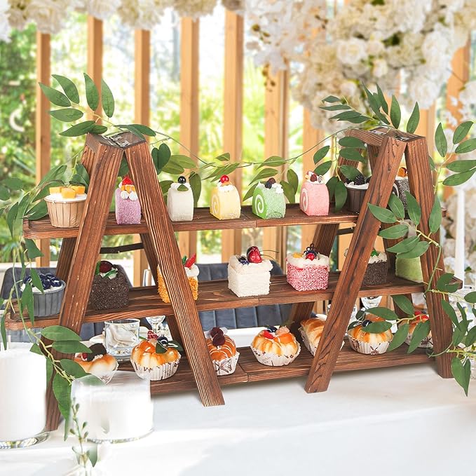 Wooden 3-Tier Cupcake Stand with Removable Trays & Vine Decoration — Foldable Party Display Serving Ladder with Platter for Cake, Snacks, Fruits, Chips, Bread