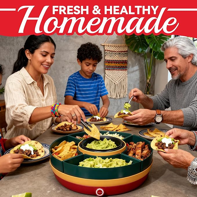 Lazy Susan Taco Bar & Condiment Containers with Lids, 4 Taco Holders for Taco Tuesday Kit, Fondue Pot for Taco Bell Sauce, Burritos, Nachos, and Fajitas, Red