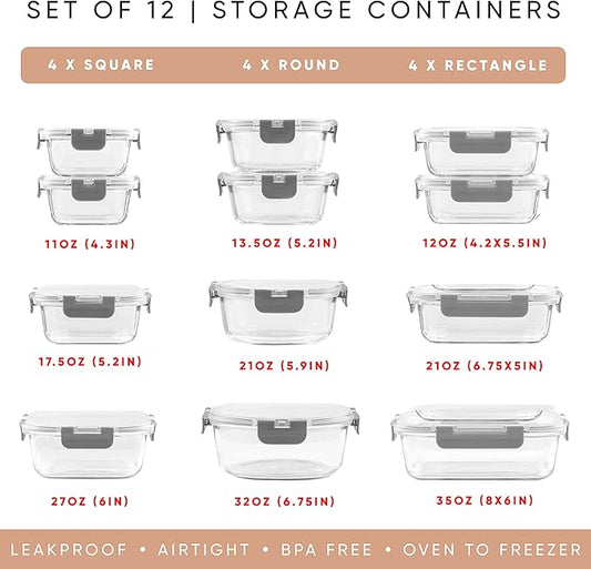JoyJolt 24pc Borosilicate Glass Storage Containers with Lids | 12 Airtight/Freezer Safe Food Storage Containers for Pantry and Kitchen | Meal Prep Container for Lunch | Glass Tupperware Set