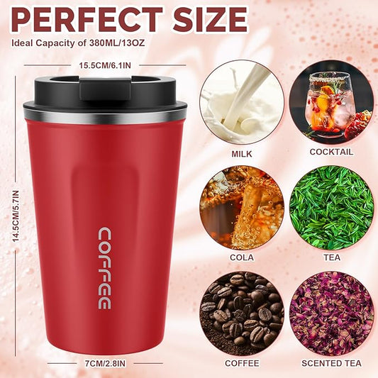 MOMSIV 12oz Travel Mug, Insulated Coffee Cup with Leakproof Lid, Vacuum Stainless Steel Double Walled Reusable Tumbler for Hot and Cold Water Coffee and Tea In Travel and Car(Red-380ml)