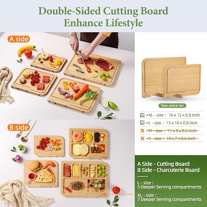 2-PCS Bamboo Cutting Board Set with Innovative Stand - Durable Double Sided Chopping Board with Juice Groove & Handle for Meal Prep, Meat, Fruit, Charcuterie Serving, Eco-Friendly Healthy Kitchen Gift