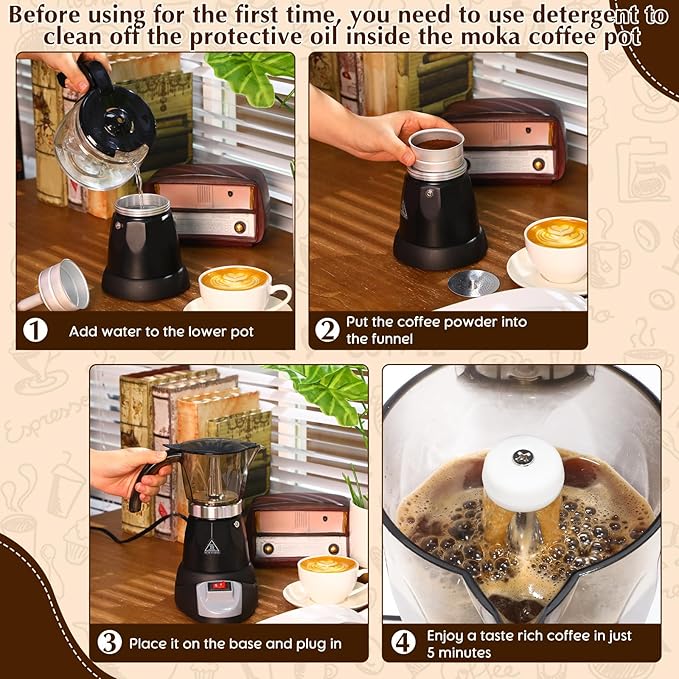 Lemosae Electric Espresso Maker Transparent Coffee Maker Electric Moka Pot Portable Aluminum Espresso Machine Italian Moka Pot with Detachable Base, Coffee Gift for Women Men Home Travel(Black,6 Cup)