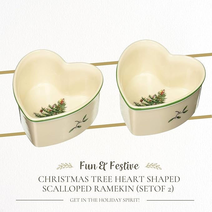 Spode Christmas Tree 3.5" Heart Ramekins (Set of 2) - Oven Safe Porcelain Ramekin Dishes for Soufflé, Crème Brûlée, Custard - Microwave & Dishwasher Safe, Festive Dipping Cups, Holiday Baking Set