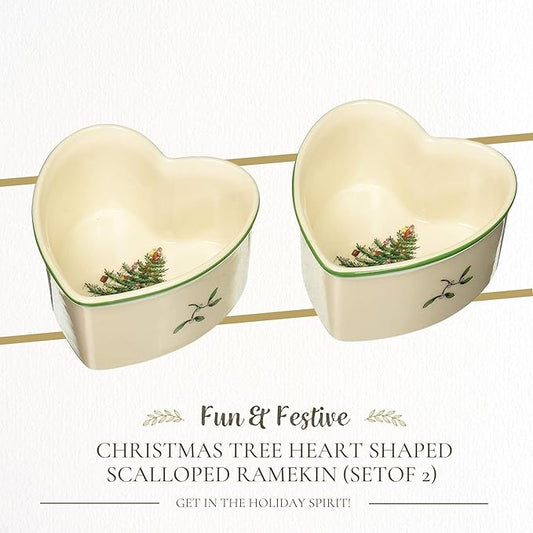Spode Christmas Tree 3.5" Heart Ramekins (Set of 2) - Oven Safe Porcelain Ramekin Dishes for Soufflé, Crème Brûlée, Custard - Microwave & Dishwasher Safe, Festive Dipping Cups, Holiday Baking Set