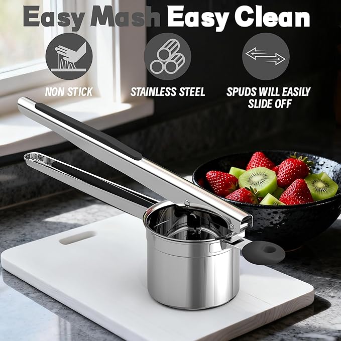 Large 15oz Potato Ricer for Mashed Potatoes, Heavy Duty 18/8 Stainless Steel Potato Masher for Baby Food & Spaetzle Maker, Masher and Ricer Kitchen Tool, Press and Mash Kitchen Gadget, Black