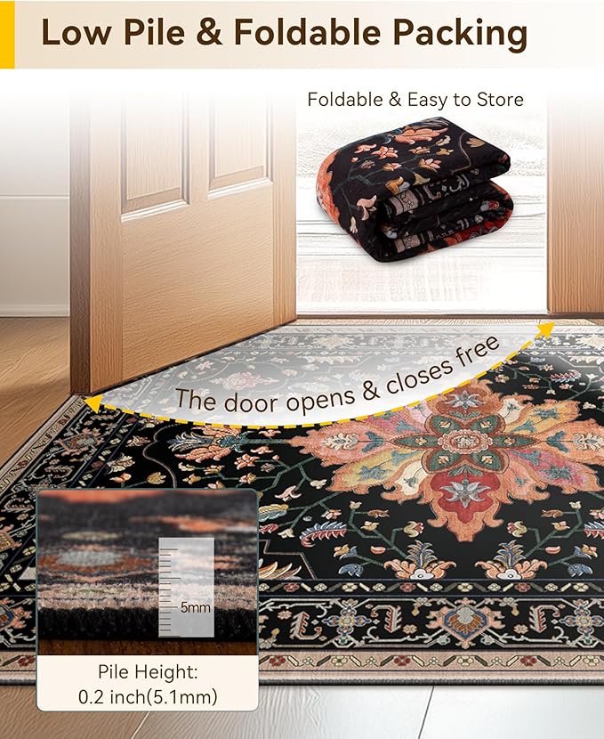 Area Rugs 2'x8' Runner Rug Non Slip Washable for Kitchen Hallway Bedroom Beside Laundry Room Bathroom Rug, Floor Carpet, Black Colorful Floral Dark Tan