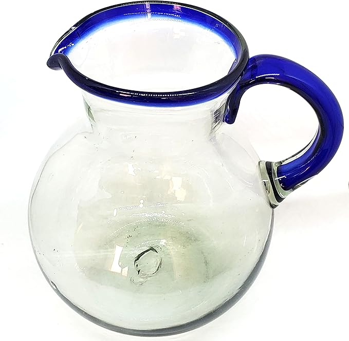 Cobalt Blue Rim 120 oz Large Bola Pitcher, Recycled Glass, Lead-free, Toxin-Free (Pitcher)