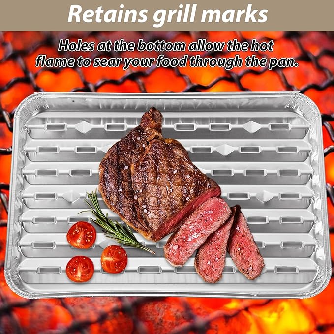 ZUQIAN 50 Pack Aluminum Foil Grill Pans with Holes, 9'' x 13'' Aluminum Foil Grill Liner Topper, Disposable Foil Broiler Pans for Cooking BBQ Grilling Trays Foil Grill Drip Pans