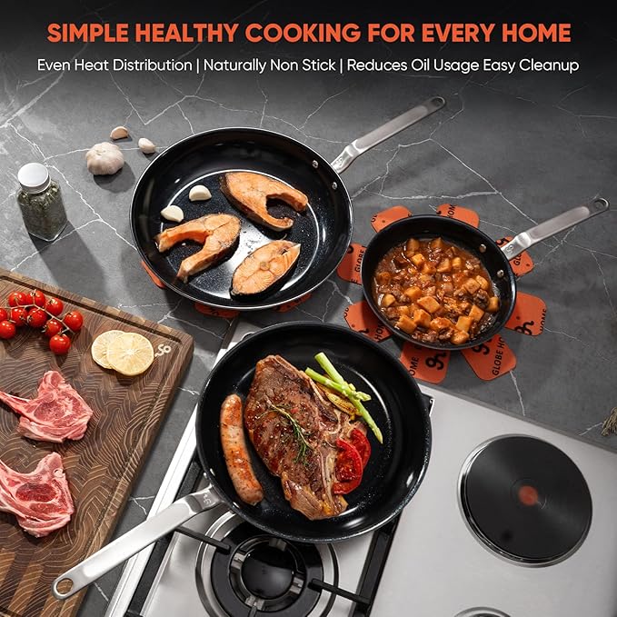 GLOBEHOME 10 Inch Ceramic Non Stick Frying Pans - 5 Ply Stainless Clad Nonstick Skillet, Toxic, PTFE & PFOA FREE, Professional Cookware for Induction, All Stoves and Oven up to 650°F